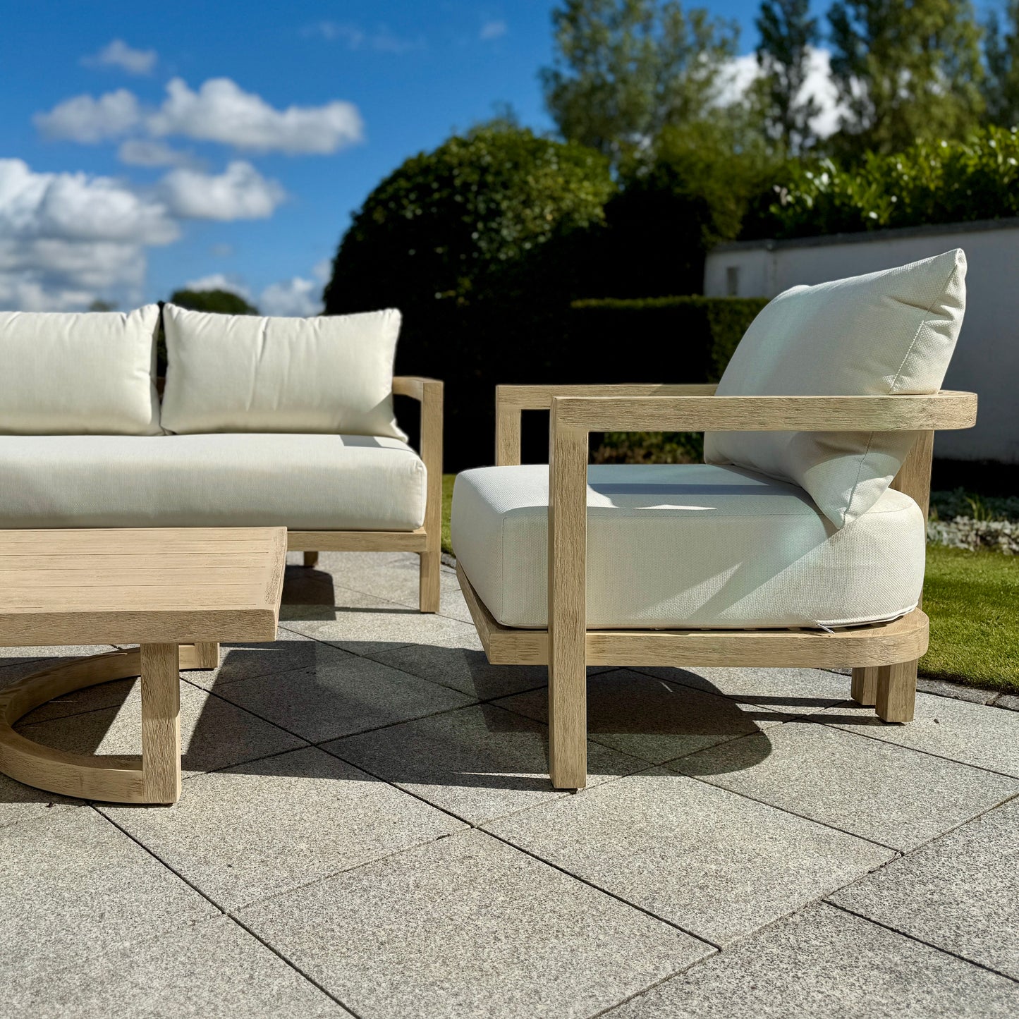 Hamilton Teak Lounge Set hero image showing premium outdoor furniture collection
