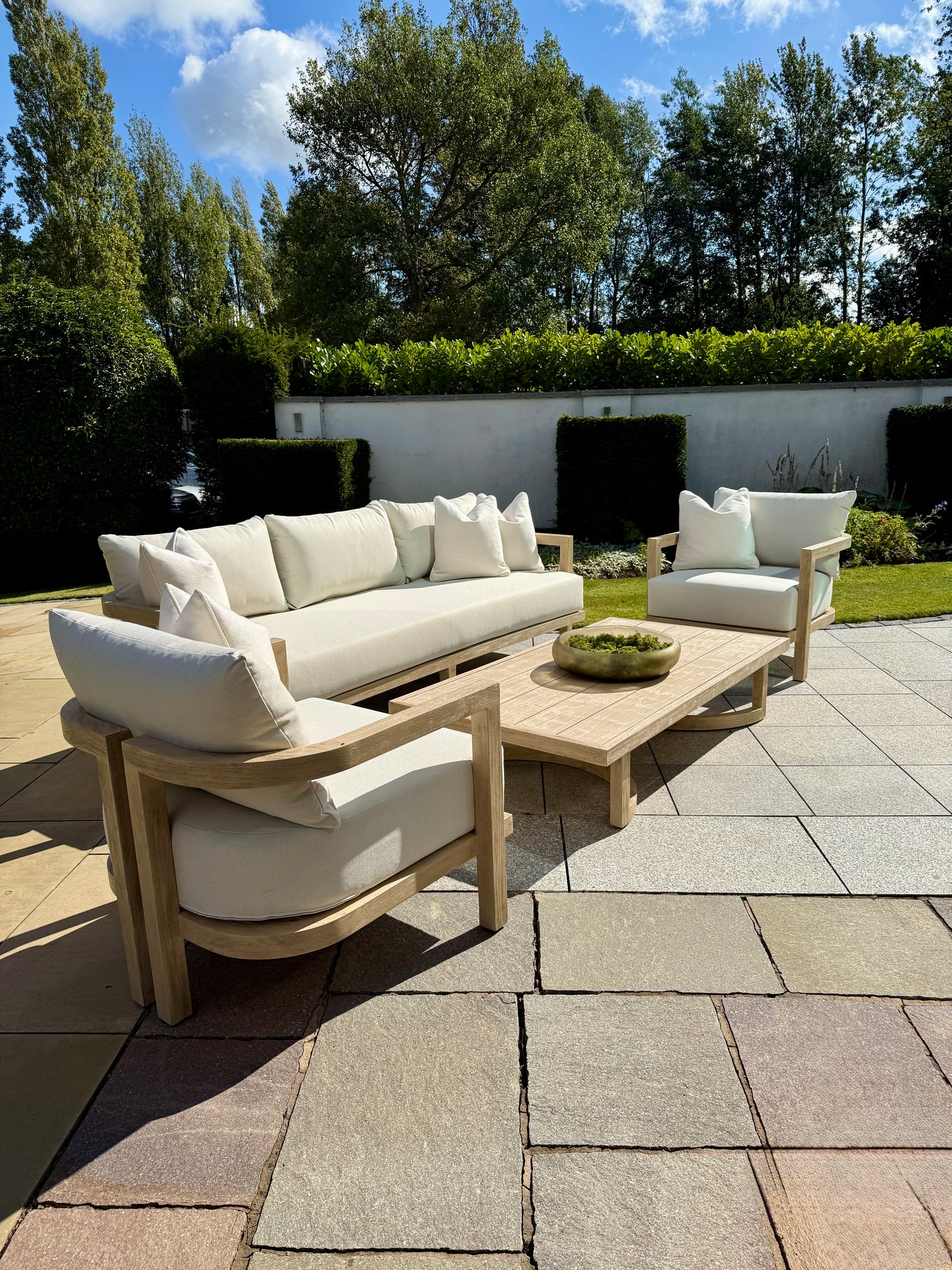 Hamilton Teak Outdoor Lounge Set complete furniture arrangement in garden setting