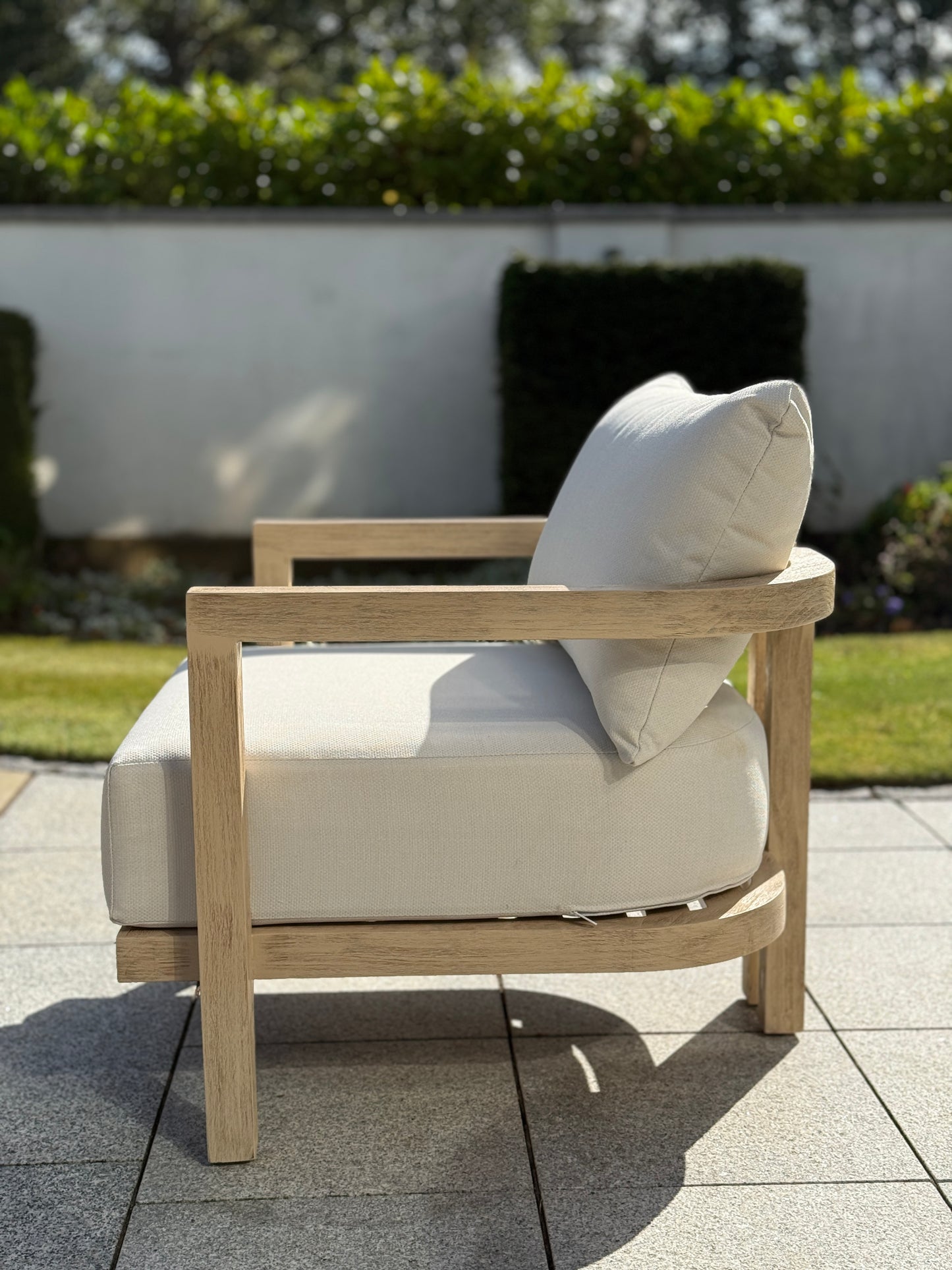 Hamilton Teak armchair left side view displaying comfortable outdoor seating
