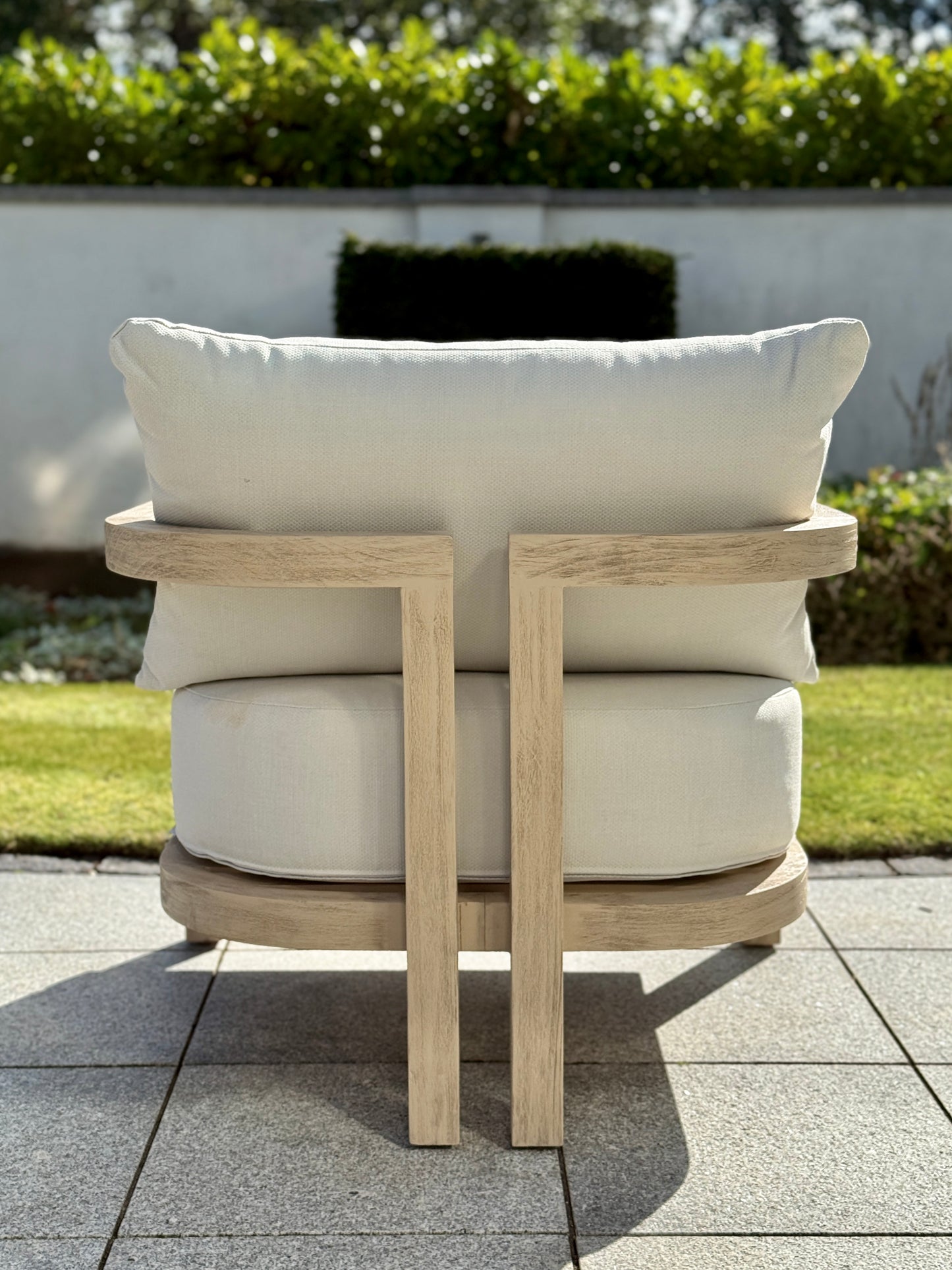 Hamilton Teak armchair rear face-on view displaying comfortable outdoor seating