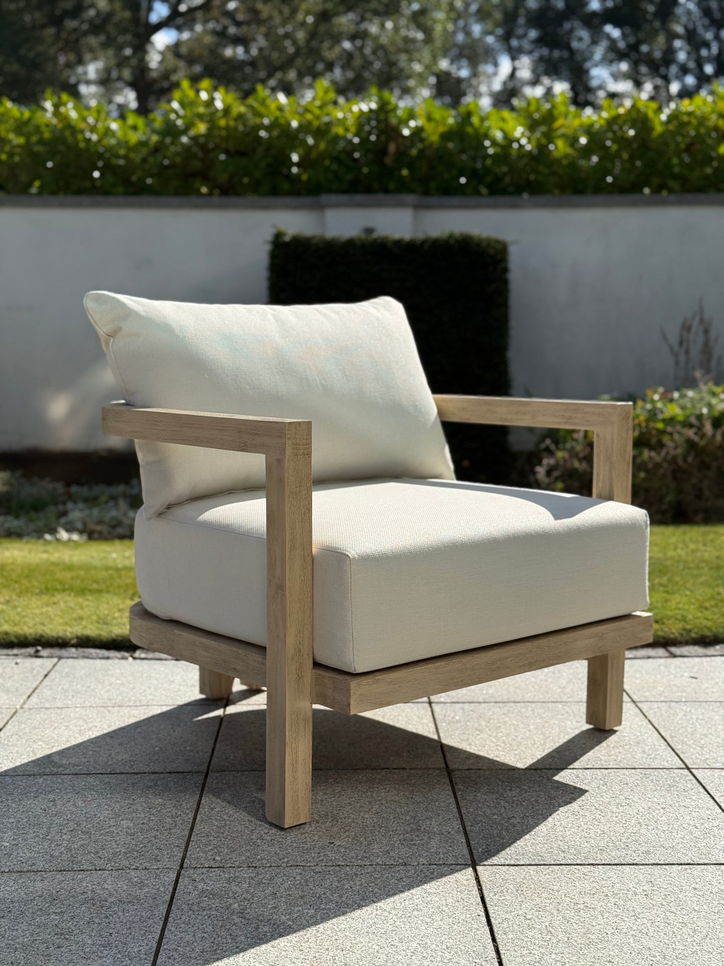 Hamilton Teak armchair front-side view displaying comfortable outdoor seating