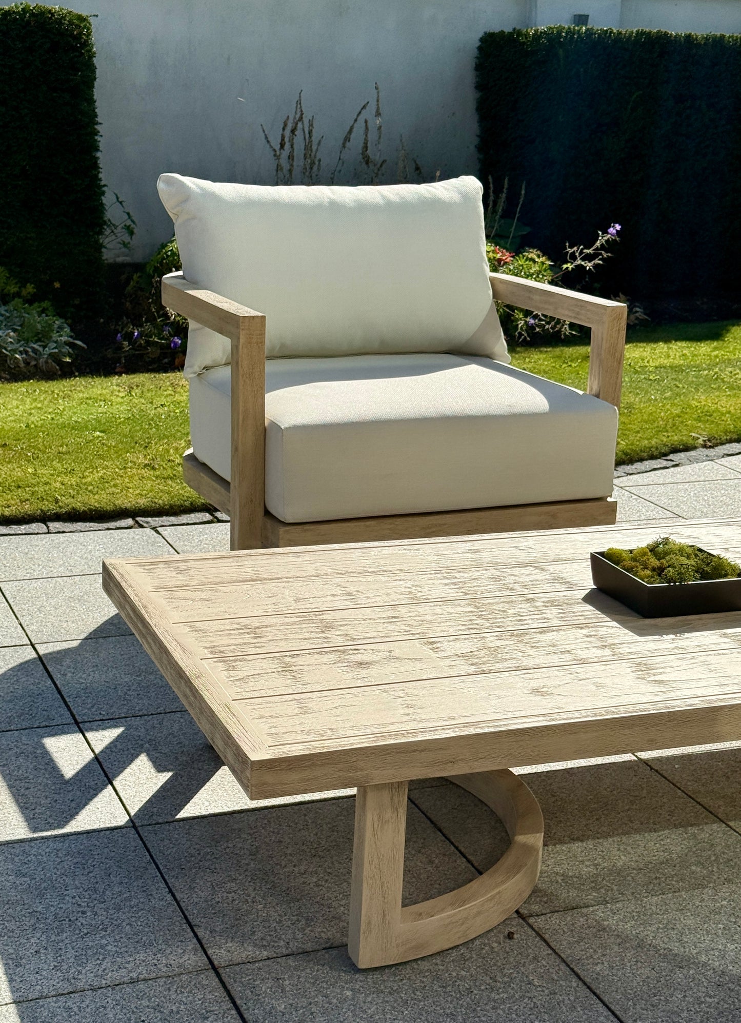 Hamilton Teak armchair and coffee table view displaying distinctive design outdoor seating