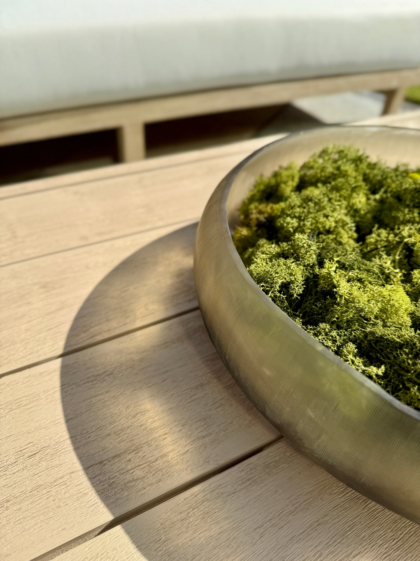 Hamilton Teak coffee table detail shot with green vase and moss