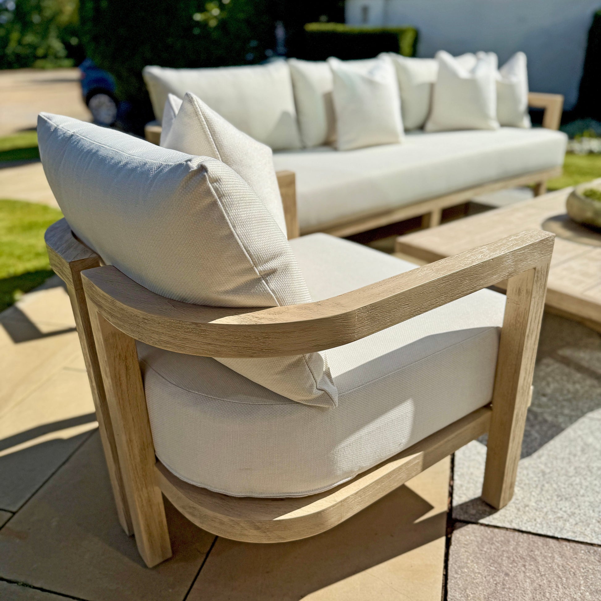 Hamilton Teak Outdoor Lounge Set complete furniture arrangement in garden setting