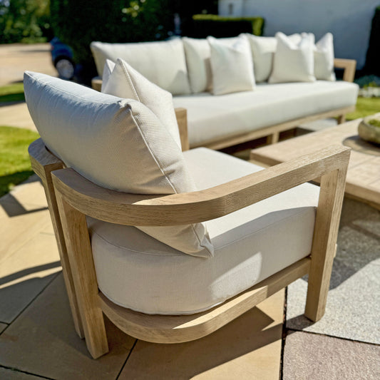 Hamilton Teak Outdoor Lounge Set complete furniture arrangement in garden setting