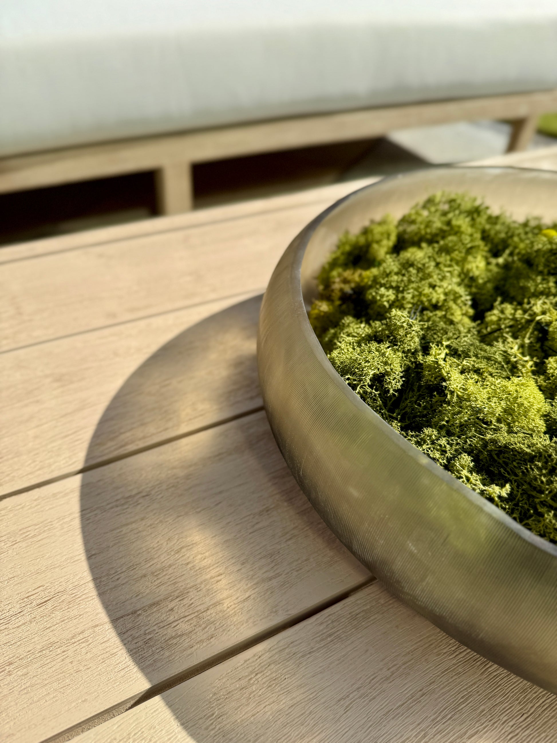 Hamilton Teak coffee table detail shot with green vase and moss